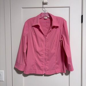 Cleo Pink Zipper Shirt | 3/4 Sleeve Collar V-Neck Valentine's Day Chic Feminine
